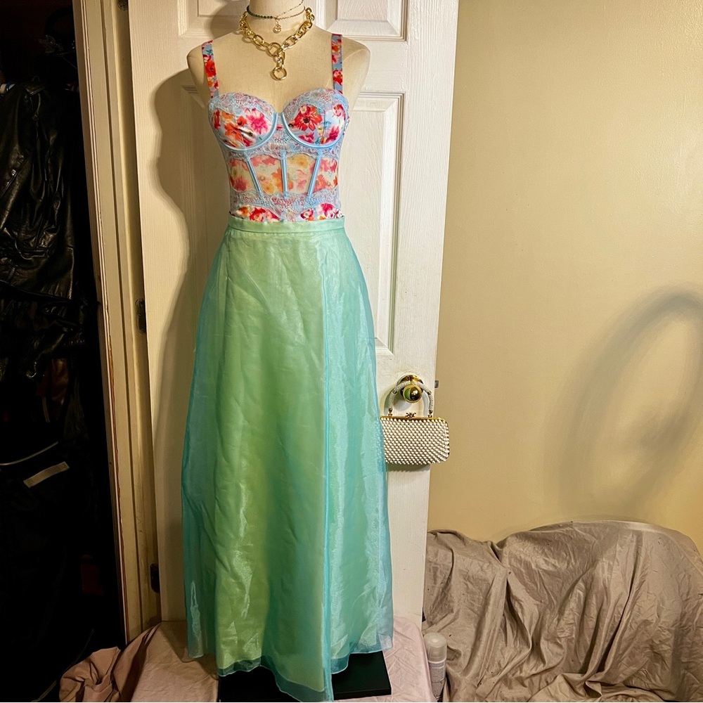 Blondie Nites By Jaslene Vtg Blue Green‎ Iridescent Organza Aline Maxi Skirt 9